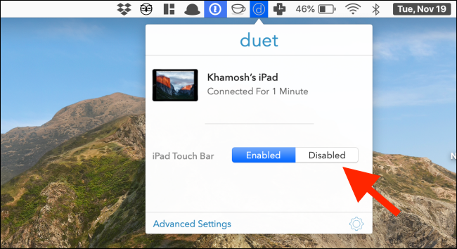 Click on Disabled to disable the iPad Touch Bar