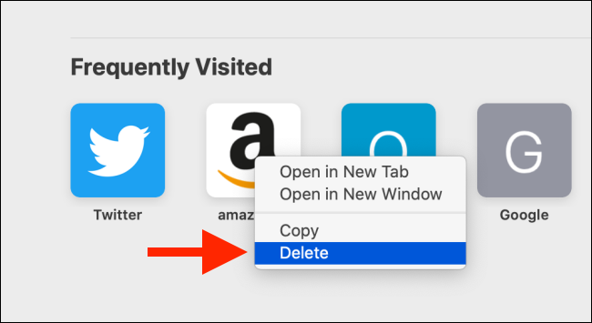 Click on delete to remove a frequently visited website