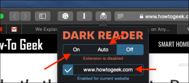 Click to turn on Dark Reader extension in Safari