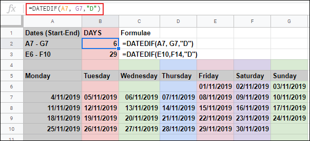 The DATEDIF function in Google Sheets, calculating the number of days between two dates, using two individual cell references