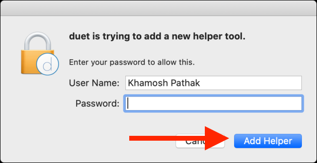 Type your password, and then click &quot;Add Helper.&quot; 