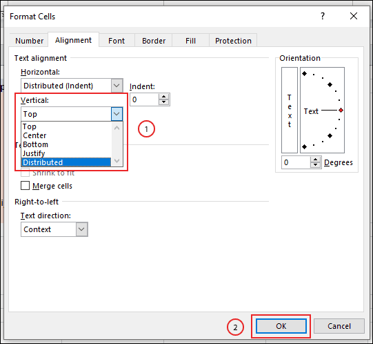 Select your top or bottom text indent options from the vertical dropdown menu in the format cells box