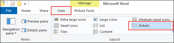 To access the detailed view in File Explorer, click View > Details