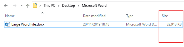 The Size column in Windows File Explorer, showing the file size of a Microsoft Word document