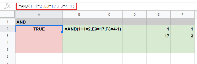 The AND logical function used in Google Sheets. Three arguments are used, with all three true, making AND true