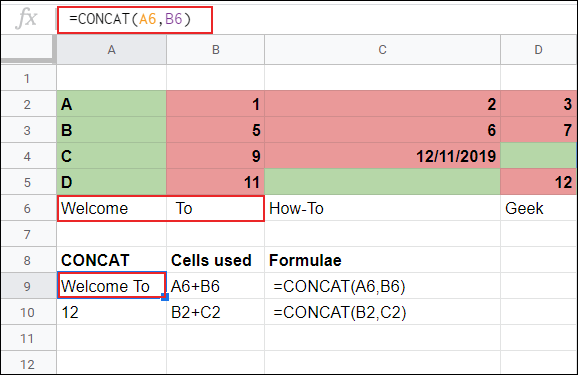 The CONCAT formula used to combine two cells within Google Sheets