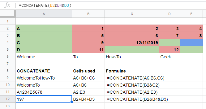 The CONCATENATE function used in Google Sheets to link cells together in a basic manner, without using operators