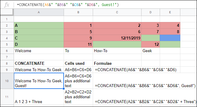The CONCATENATE function being used in Google Sheets with complex operators