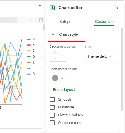 In the Customize tab of the Google Sheets Chart Editor, click the Chart Style sub-menu