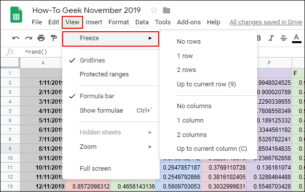 To freeze rows or columns in Google Sheets, click View > Freeze