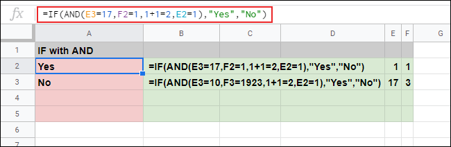 The IF function used in Google Sheets, with a nested AND formula used to provide multiple arguments