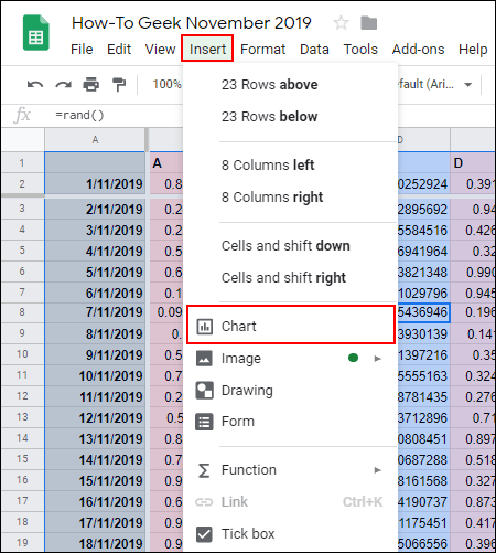 In Google Sheets, click Insert > Chart to insert a chart
