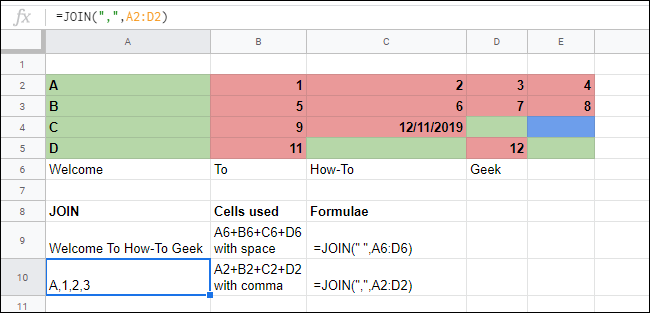 The JOIN function in Google Sheets, merging arrays of cells together