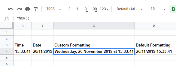 The NOW function in Google Sheets, with various formatting options to display the time, date, or both