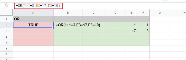 The OR function used in Google Sheets, with one out of three incorrect arguments resulting in a TRUE result