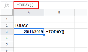The TODAY function used in Google Sheets to display the current date