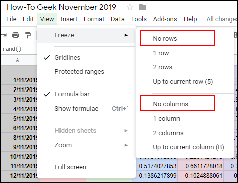 To unfreeze a column or row in Google Sheets, click View > Freeze then click No Rows or No Columns