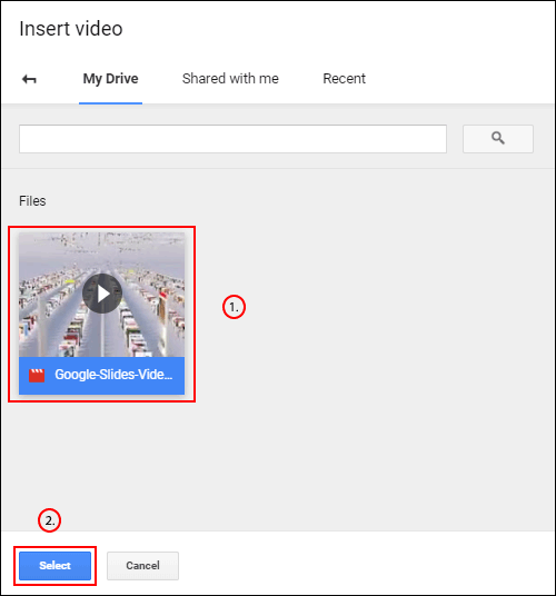 In the Google Drive section of the Google Slides Insert Video menu, select your video, then click Select