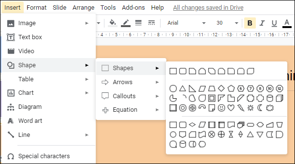 In Google Slides, click Insert > Shape > Shapes