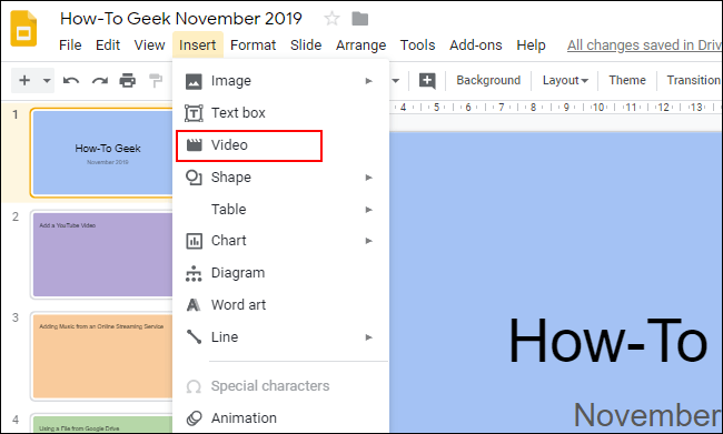 Open your Google Slides presentation, click on your slide, click Insert, then Video