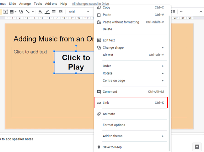 Right-click your object in Google Slides, then click Link