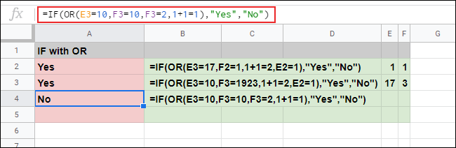 The IF function used in Google Sheets, with a nested OR formula used to provide multiple arguments, resulting in both TRUE and FALSE responses