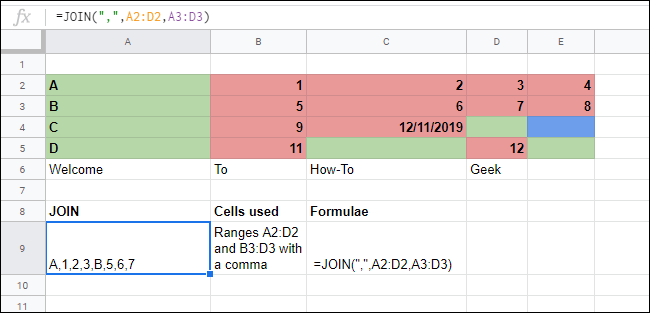 The JOIN Function used in Google Sheets to merge multiple arrays