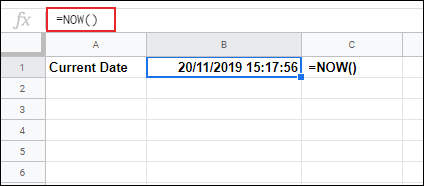 The NOW Function used in Google Sheets, providing a timestamp with the current time and date