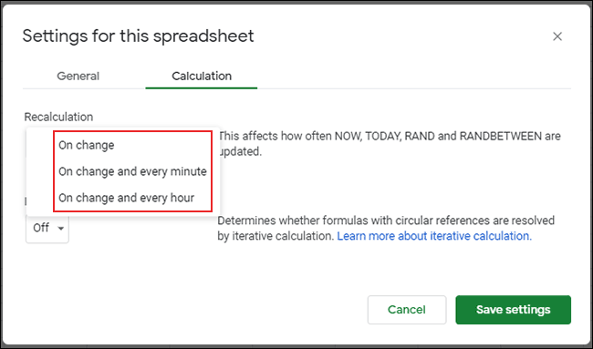 To change how often cells update in Google Sheets, click File > Spreadsheet Settings, click on Calculation, then select the frequency from the recalculation drop-down menu