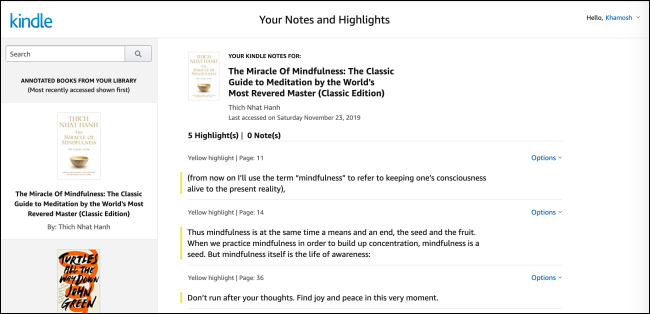 Kindle Notebook online with highlights