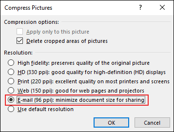 In the Compress Pictures dialog box, select your image resolution, then click OK