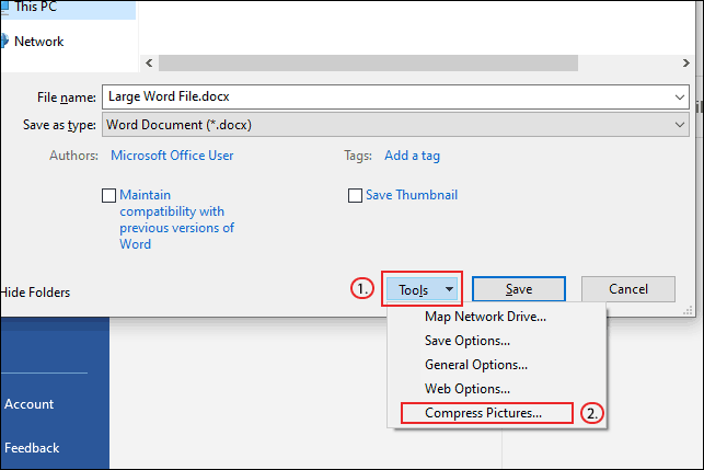 In your Microsoft Word Save As dialog box, click Tools > Compress Pictures
