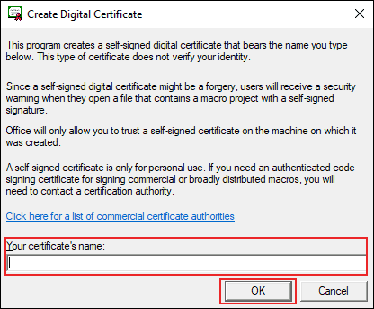 In the selfcert tool, provide a name for your signature, then click OK