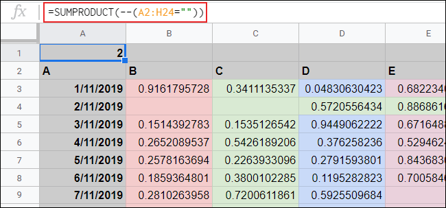 The SUMPRODUCT formula counting empty cells in Google Sheets