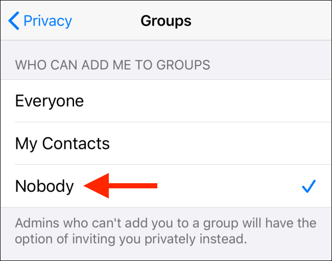 Select the Nobody option from Groups on iPhone