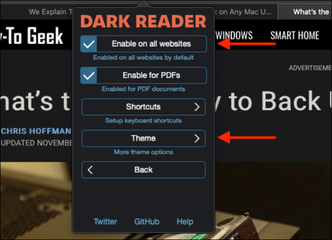 Settings for Dark Reader in Safari