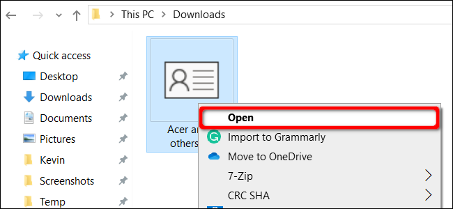 Windows 10 Open vCard File