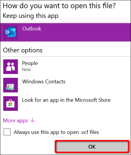 Windows 10 Select vCard Destination