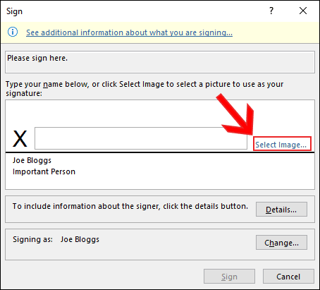 Click Select Images in your Sign dialog box to insert a picture signature in Microsoft Word