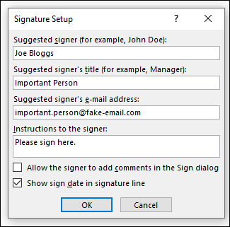 Confirm your signature line options in Microsoft Word, then click OK