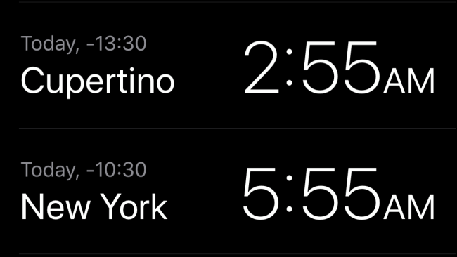 World Clock showing two cities in Clock app
