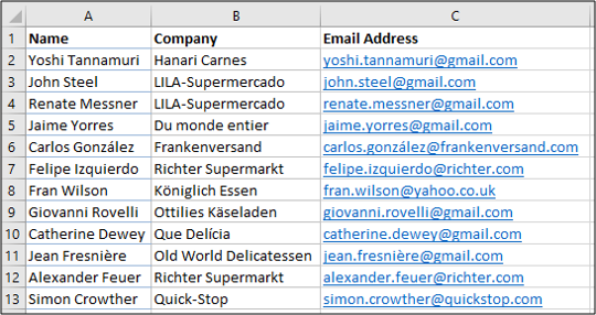 Contacts list in Excel