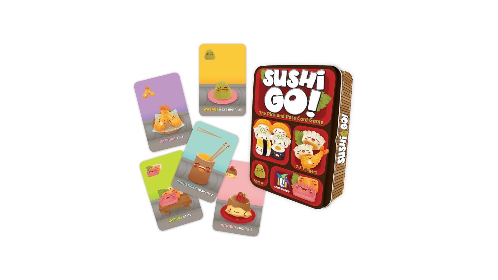 The Sushi Go! card game box, and five cards from the game.