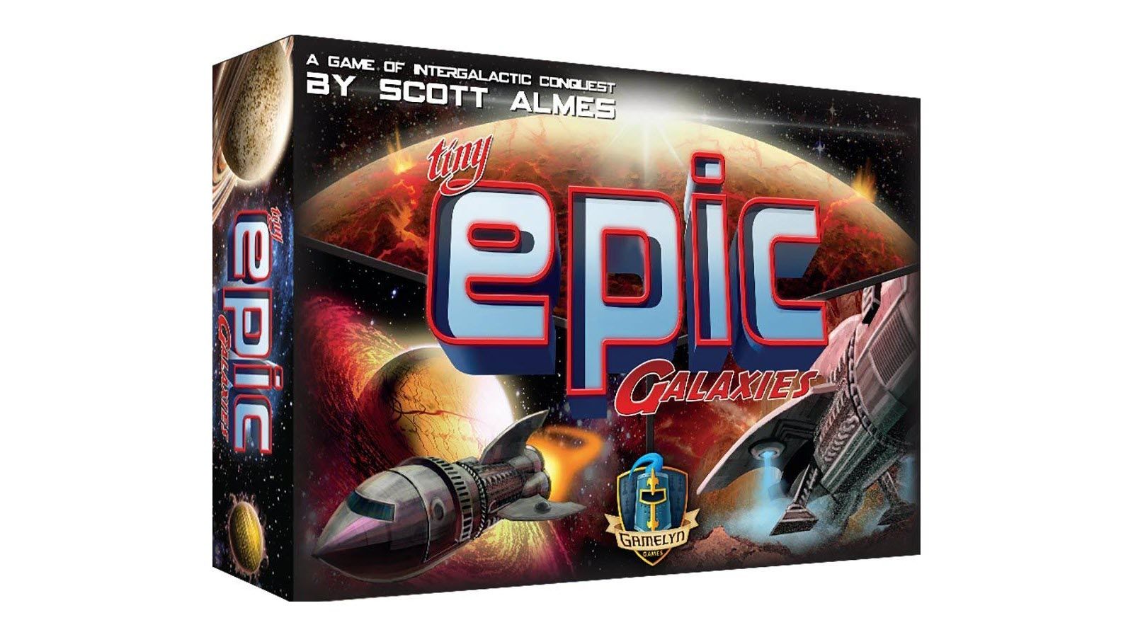 The Tiny Epic Galaxies board game box featuring spaceships and planets.