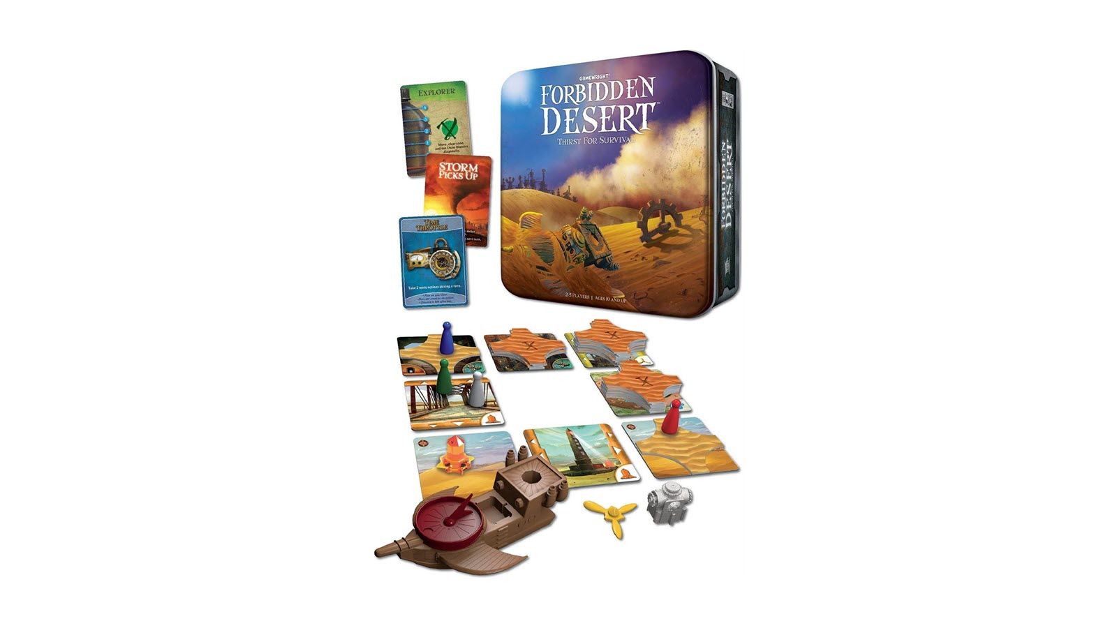 The Forbidden Desert game box and board featuring a solar-powered aircraft.