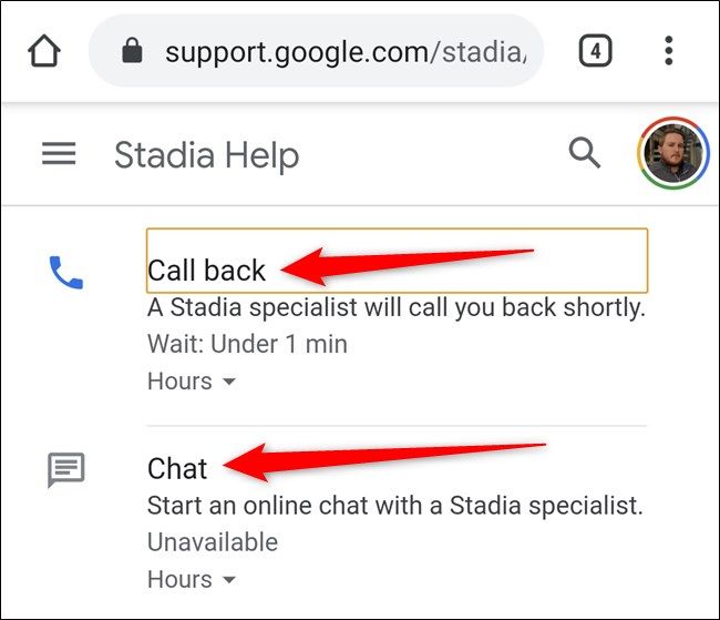 Google Stadia App Select Call Back or Chat