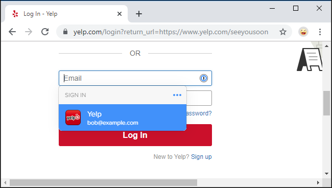 Signing into the Yelp website with 1Password X in Google Chrome.