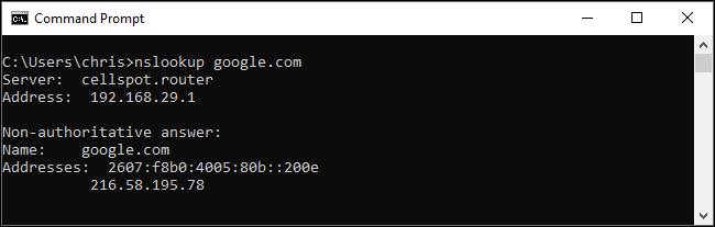 Performing a DNS lookup with the nslookup command on Windows 10.