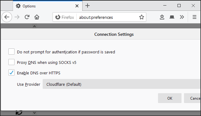 Enabling DNS over HTTPS in Mozilla Firefox's network settings.