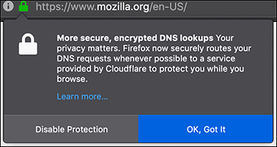 Firefox encrypted DNS lookups by Cloudflare alert.